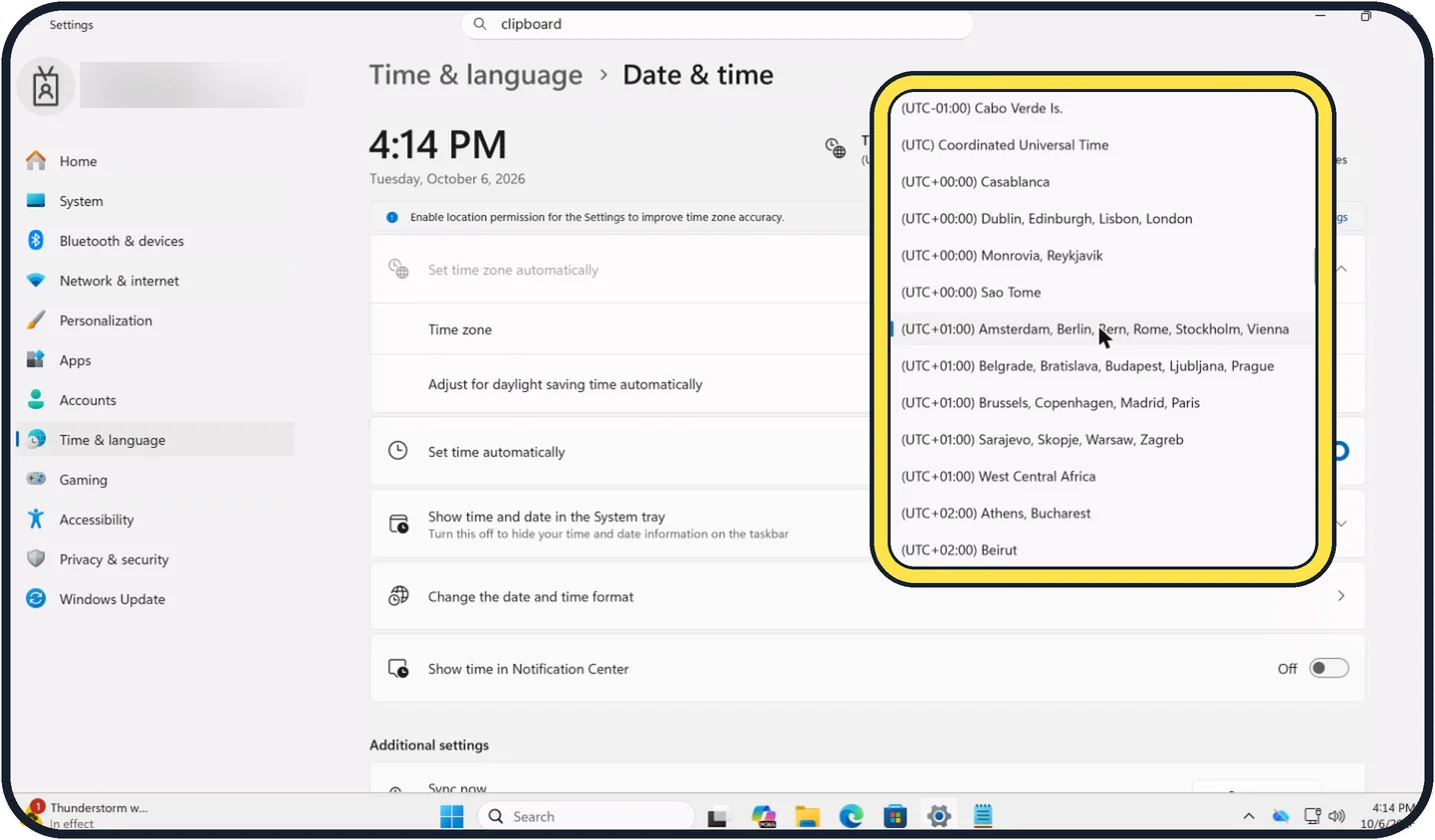 Windows screenshot: Or choose the time zone yourself