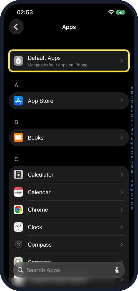 iPhone screen: Tap Default Apps