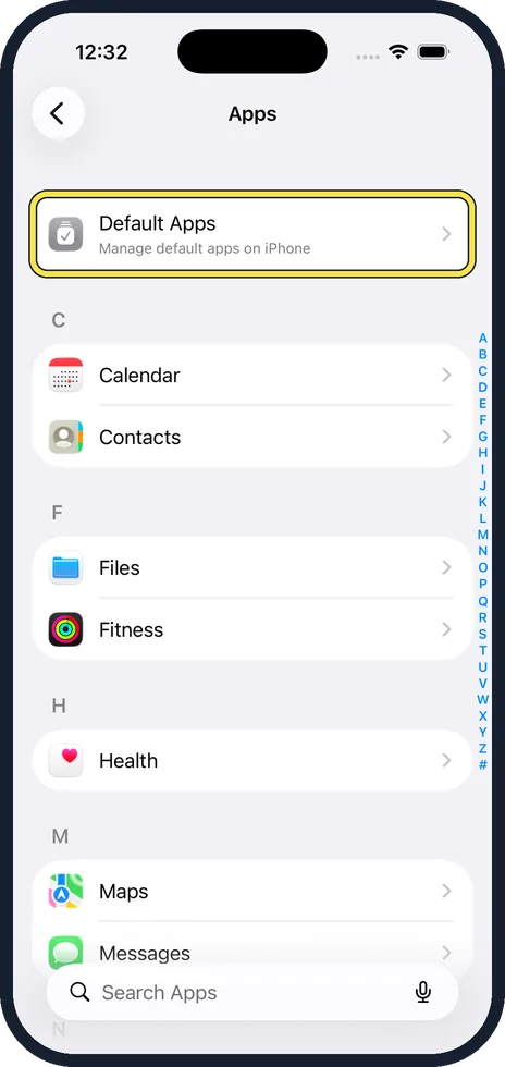 iPhone screen: Tap Default Apps