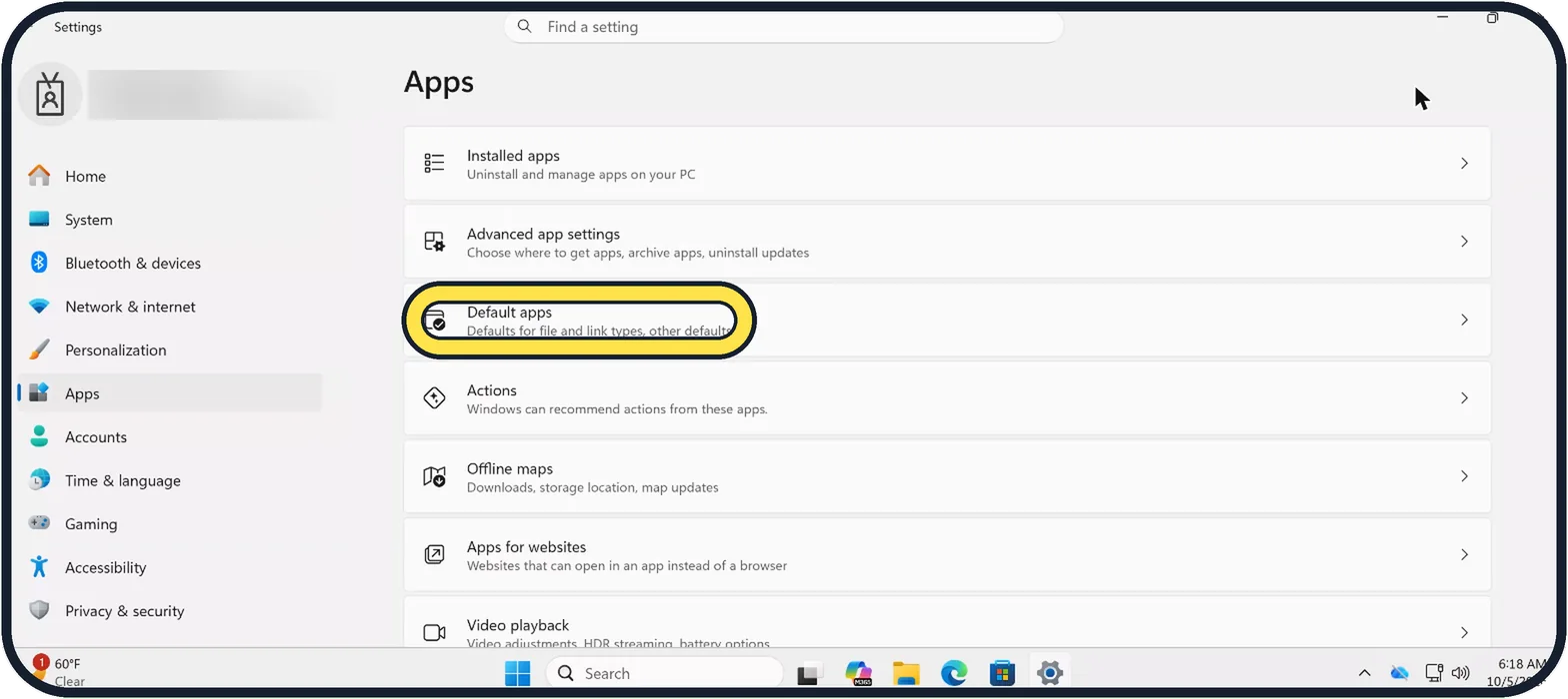 Windows screenshot: Click Default apps