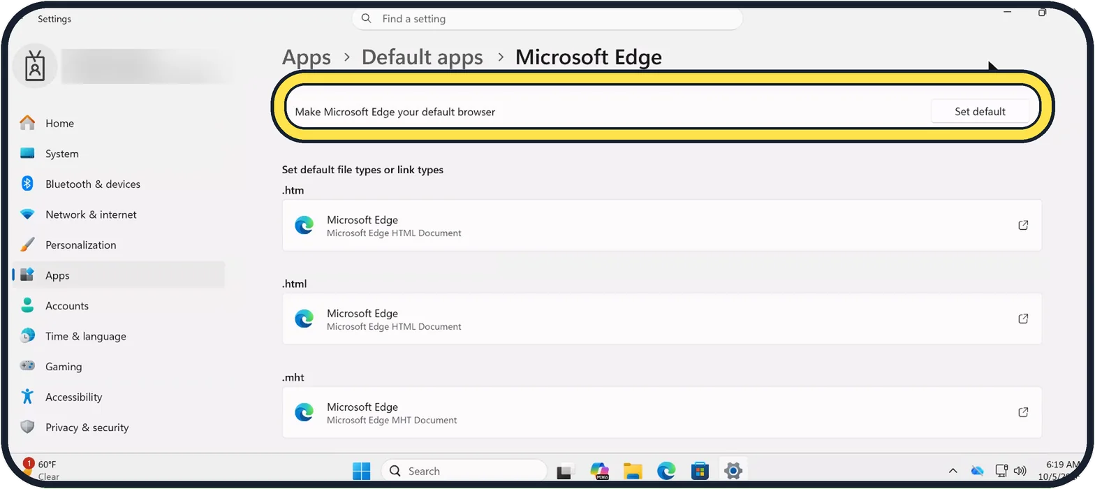 Windows screenshot: Click Set default