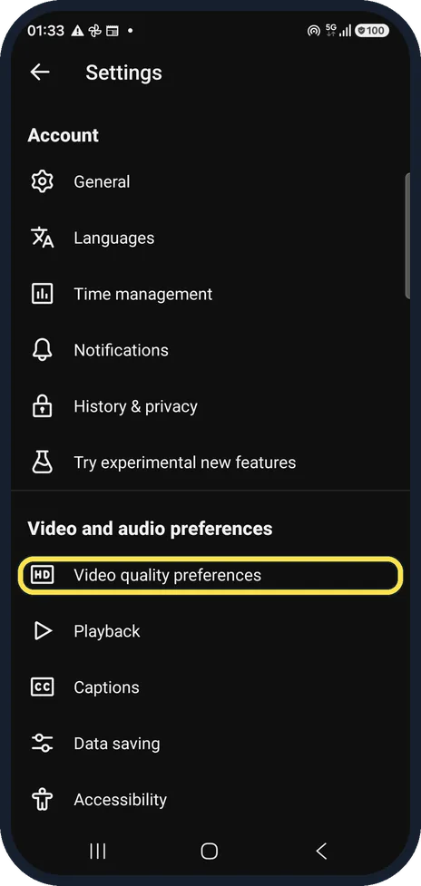 Android screenshot: Open Video quality preferences