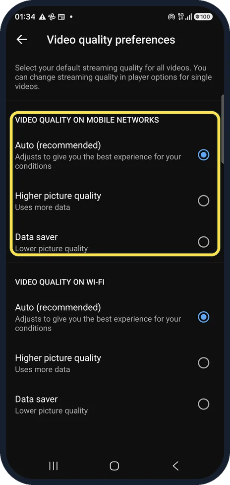 Android screenshot: Set mobile network quality