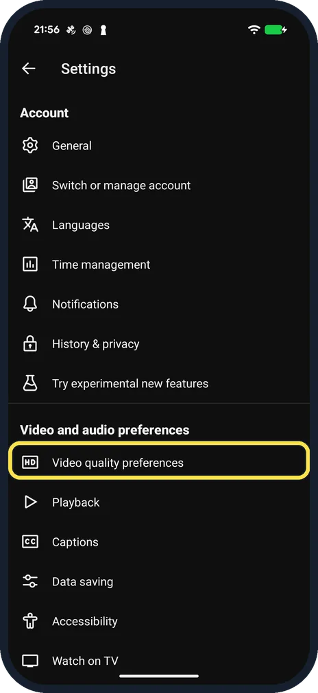 Android screenshot: Tap Video quality preferences