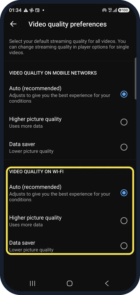 Android screenshot: Set Wi-Fi quality