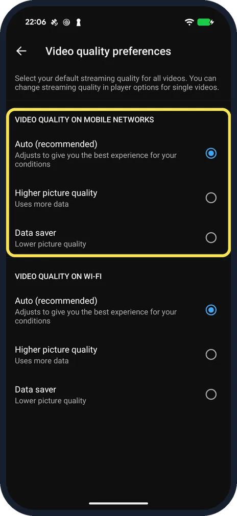 Android screenshot: Choose the default quality