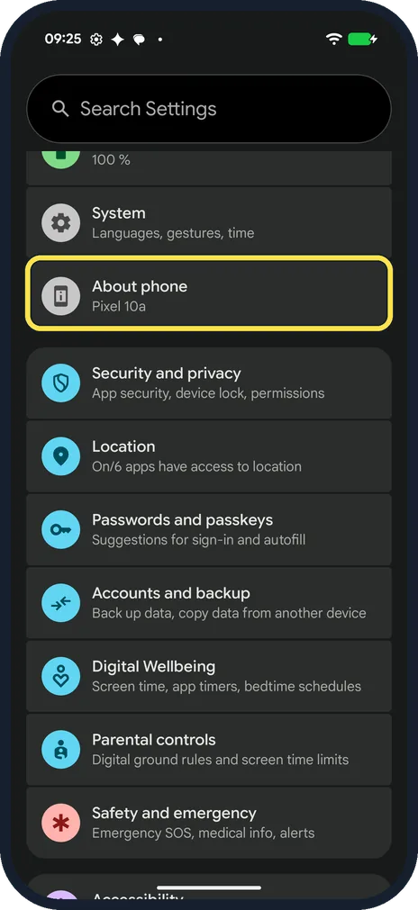 Android screenshot: Open About phone