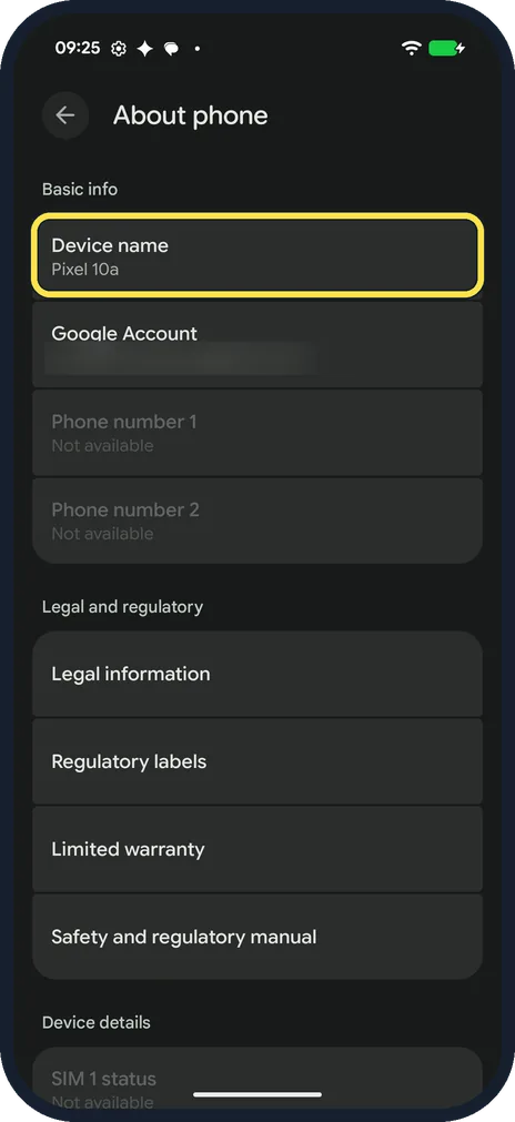 Android screenshot: Tap Device name