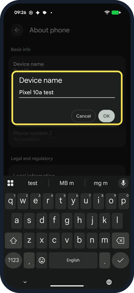 Android screenshot: Type the name and tap OK