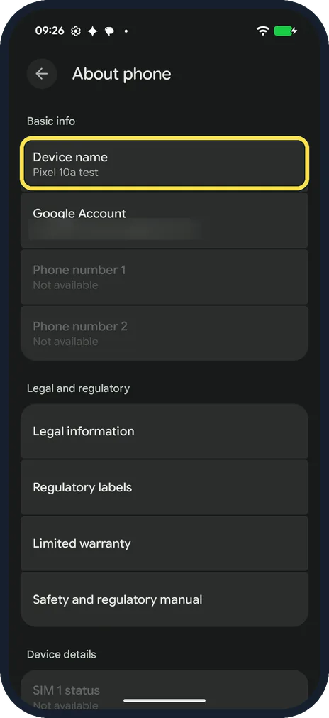 Android screenshot: Check the new name