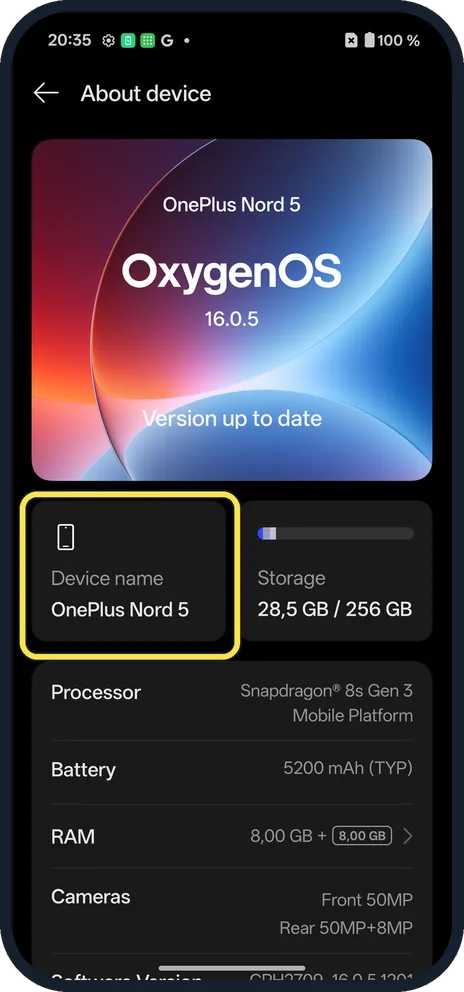 Android screenshot: Tap Device name