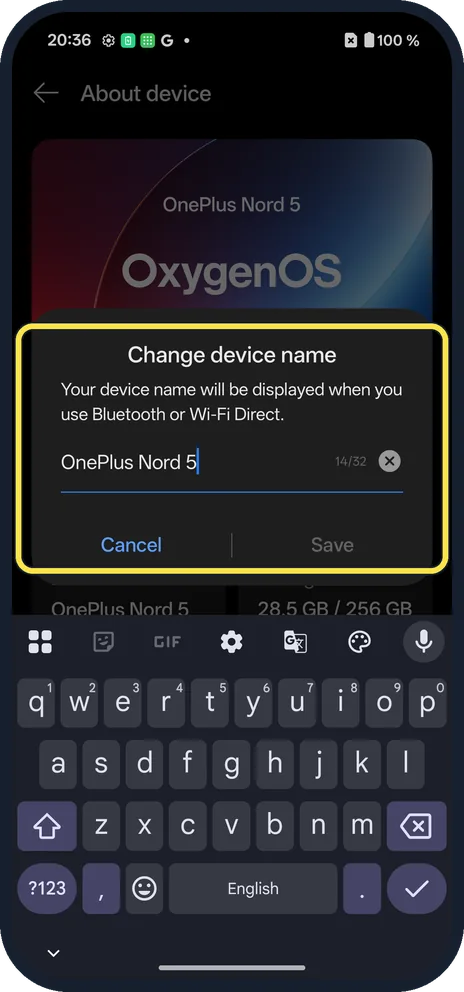 Android screenshot: Type the new name