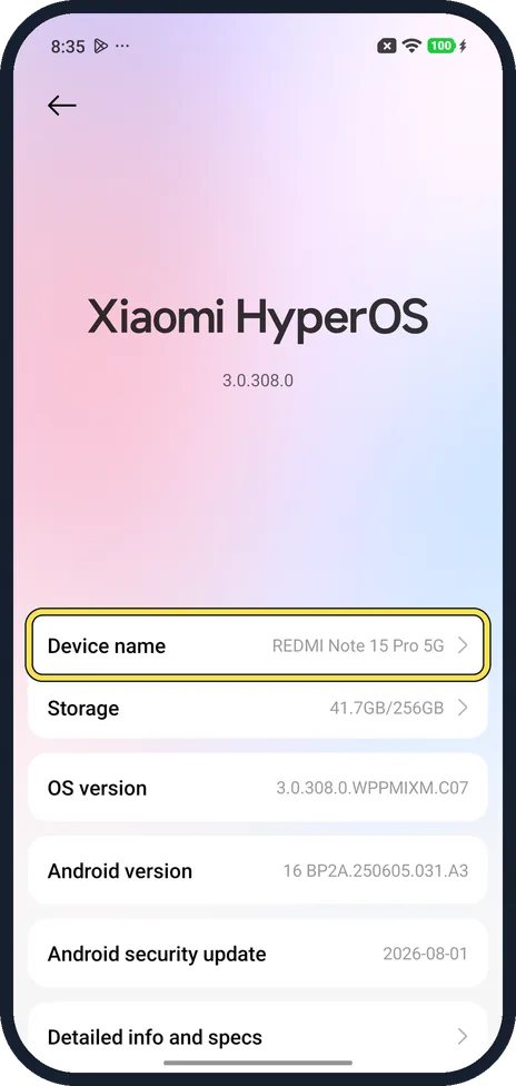 Android screenshot: Tap Device name