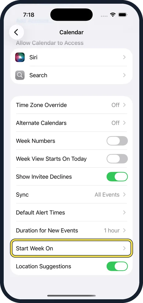 iPhone screen: Scroll down and tap Start Week On