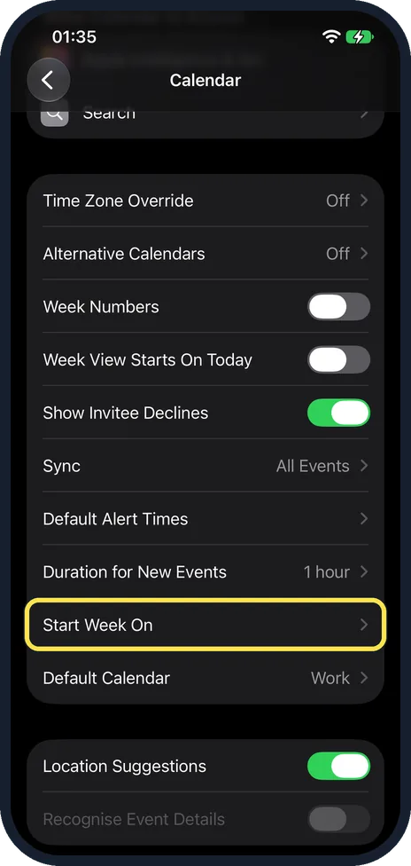 iPhone screen: Scroll down and tap Start Week On