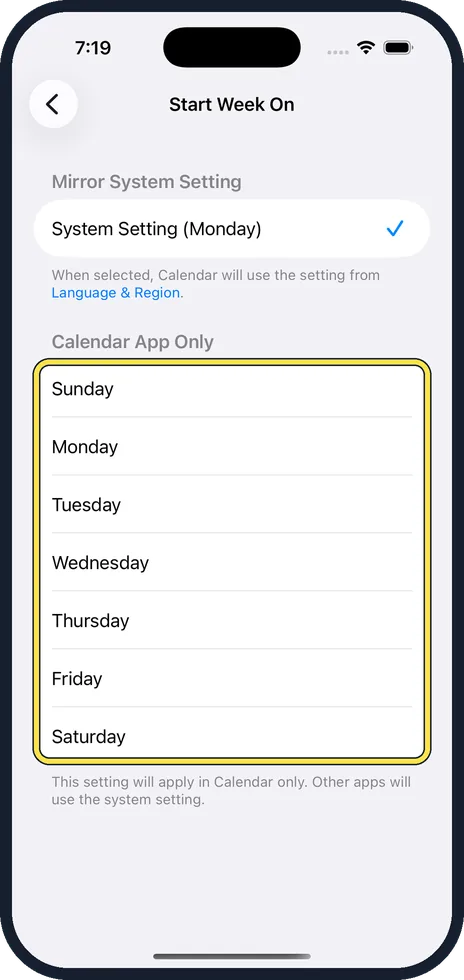 iPhone screen: Tap the day you want