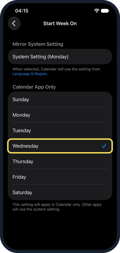 iPhone screen: Tap the day you want