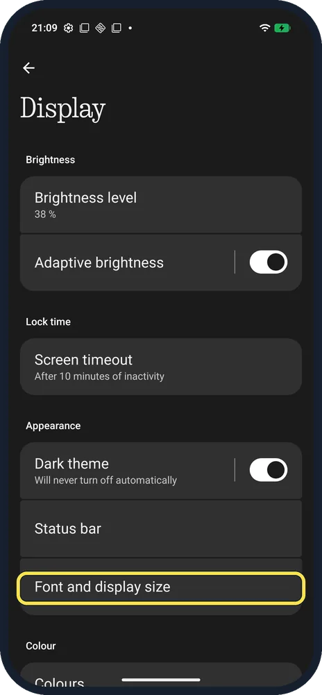 Android screenshot: Tap Font and display size