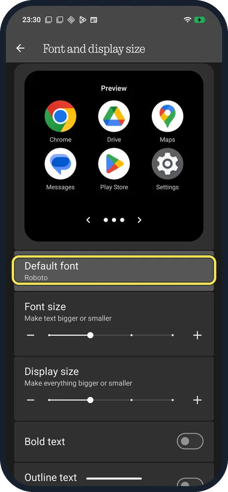 Android screenshot: Tap Default font