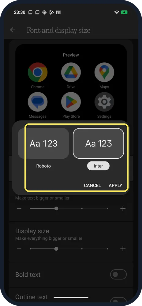 Android screenshot: Pick Inter and tap Apply