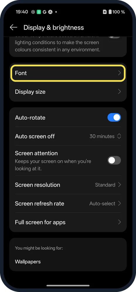 Screenshot from the guide: How to change the font size and display size on a OnePlus (OxygenOS 16)