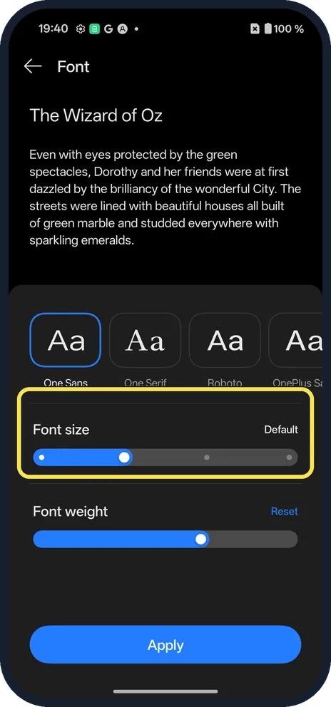 Android screenshot: See the Font size slider