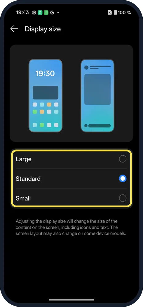 Android screenshot: Or change Display size