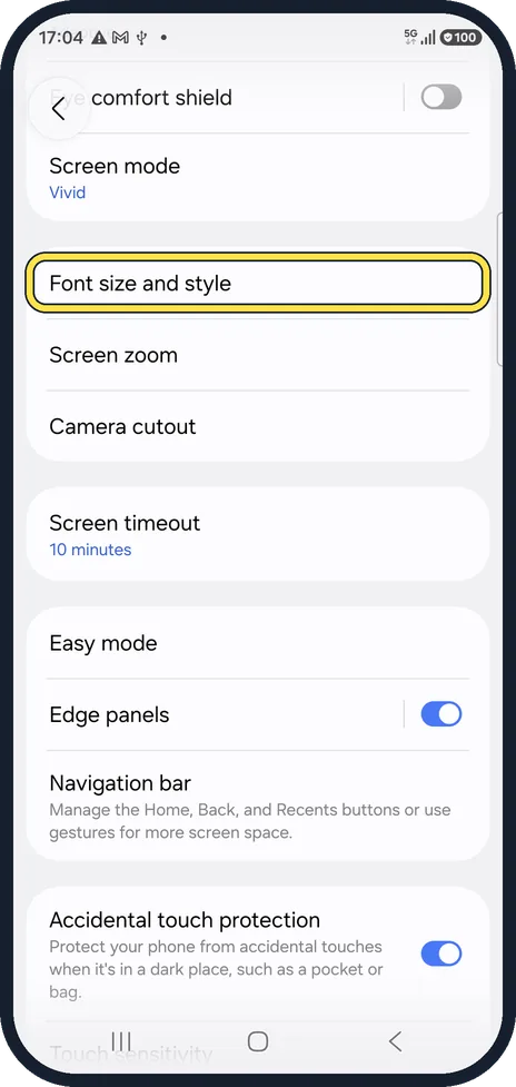 Android screenshot: Open Font size and style