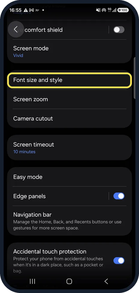 Android screenshot: Open Font size and style