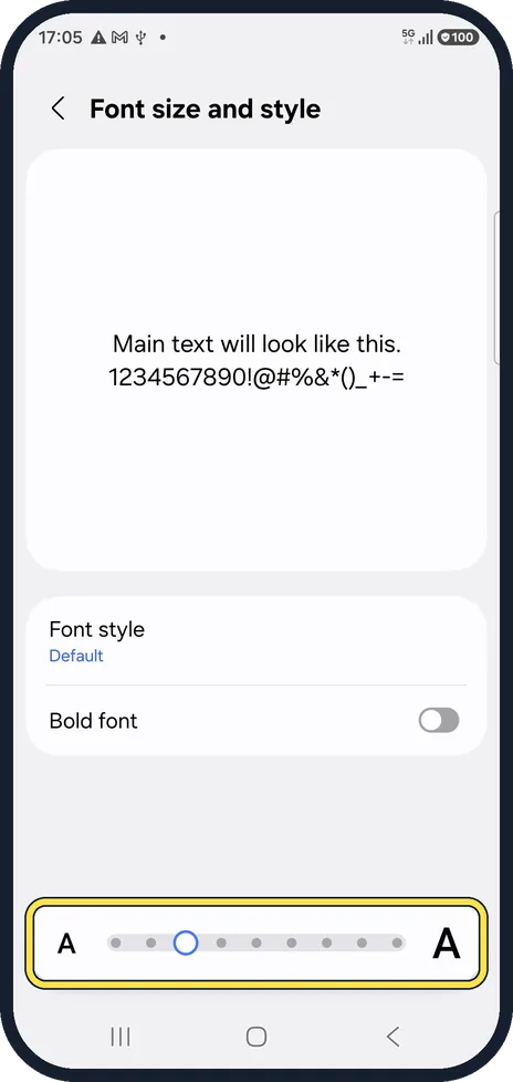 Android screenshot: Drag the size slider