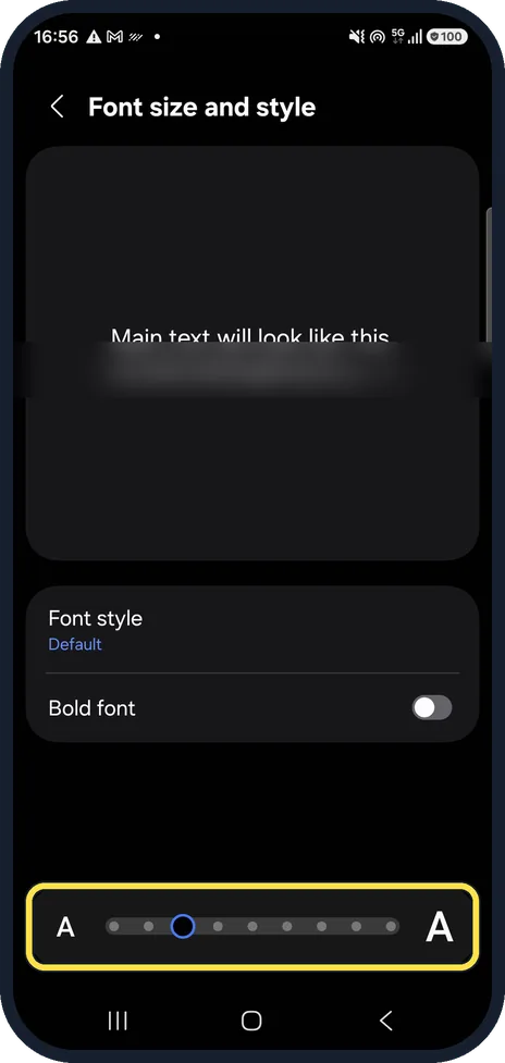 Android screenshot: Drag the size slider