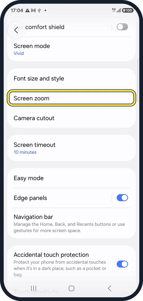 Android screenshot: Make everything bigger with Screen zoom