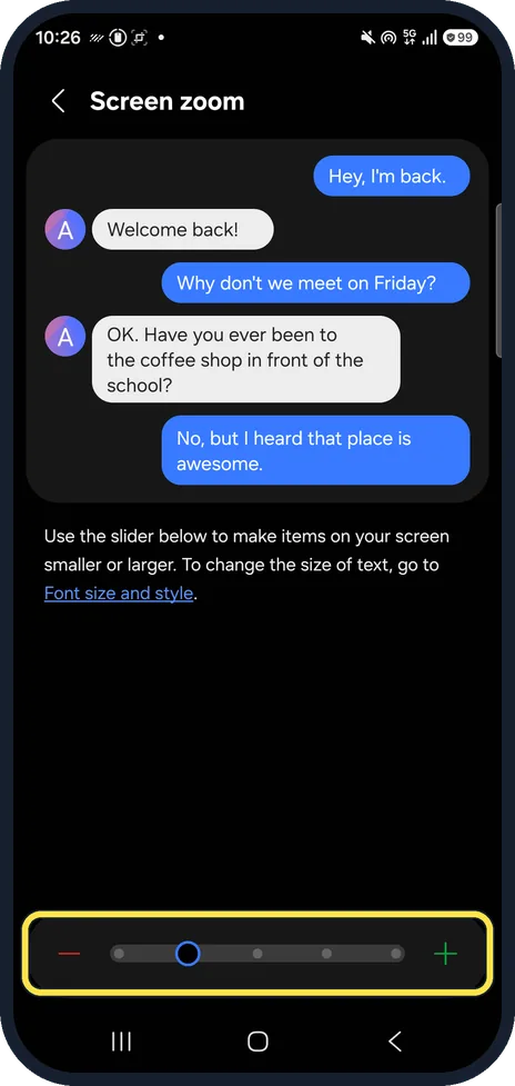 Android screenshot: Make everything bigger with Screen zoom