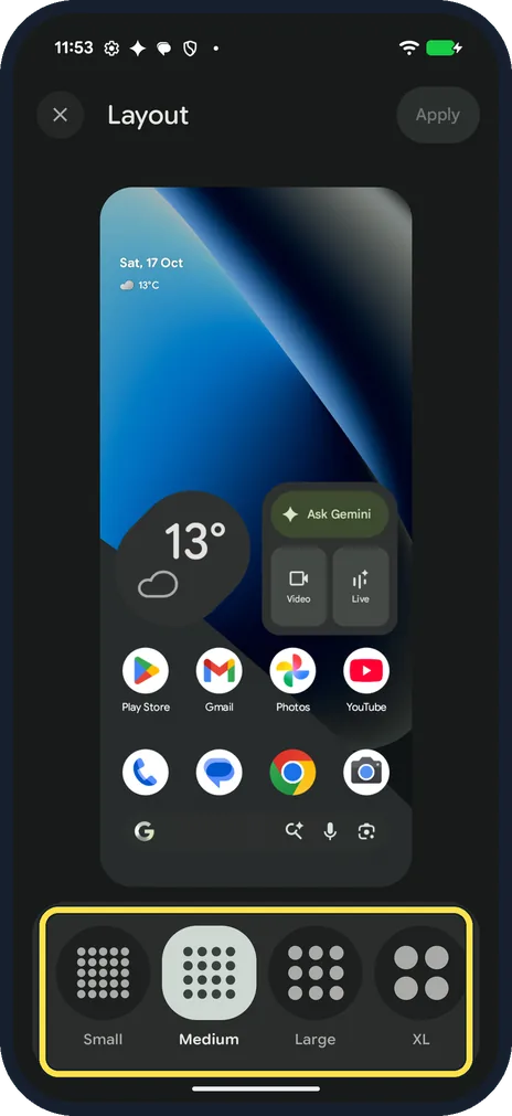 Android screenshot: See the four sizes