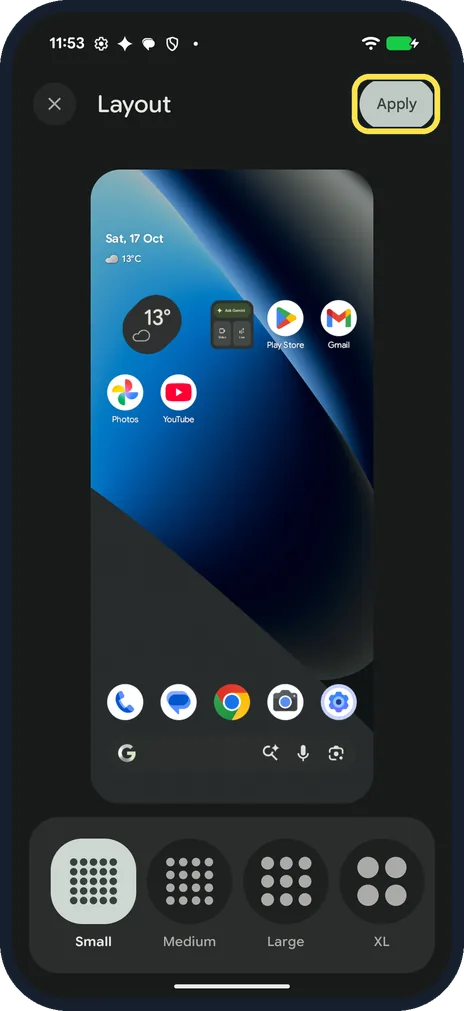 Android screenshot: Pick a size and tap Apply