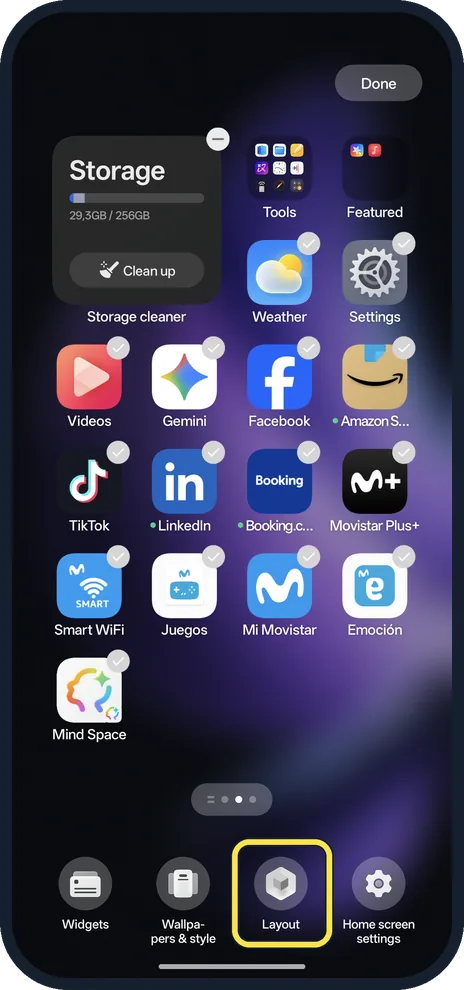 Android screenshot: Touch and hold an empty spot, then tap Layout