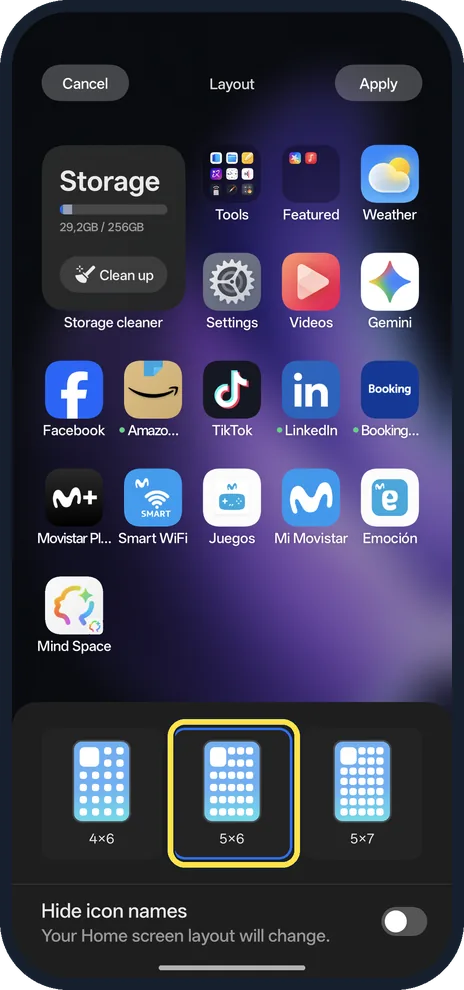 Android screenshot: Pick a grid and tap Apply