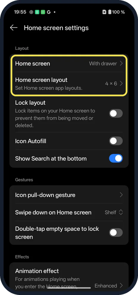 Screenshot from the guide: How to change the home screen layout on a OnePlus (OxygenOS 16)