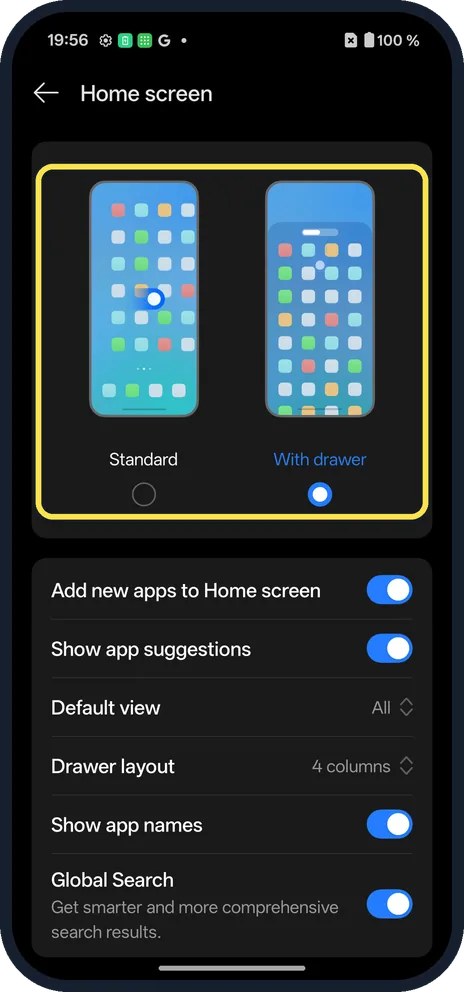 Android screenshot: Standard or With drawer