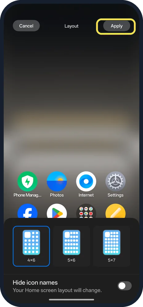 Android screenshot: Tap Apply