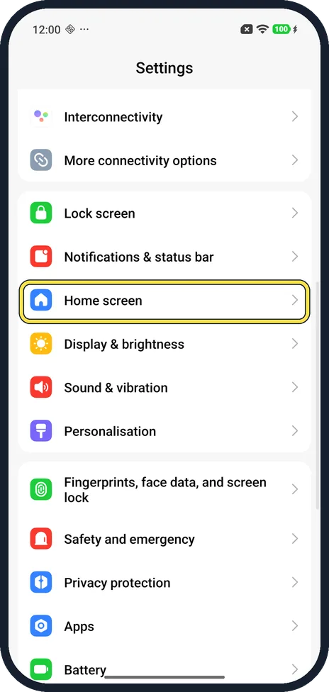 Android screenshot: Open Home screen settings