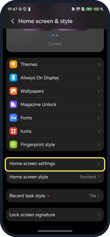 Android screenshot: Open Home screen settings