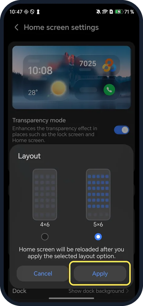 Android screenshot: Pick 5×6 and tap Apply