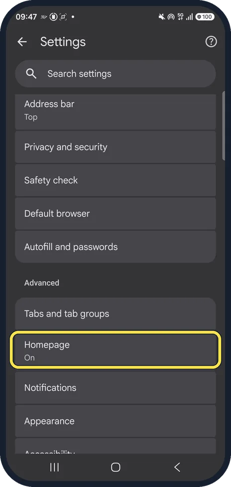 Screenshot from the guide: How to change the homepage in Chrome on Android