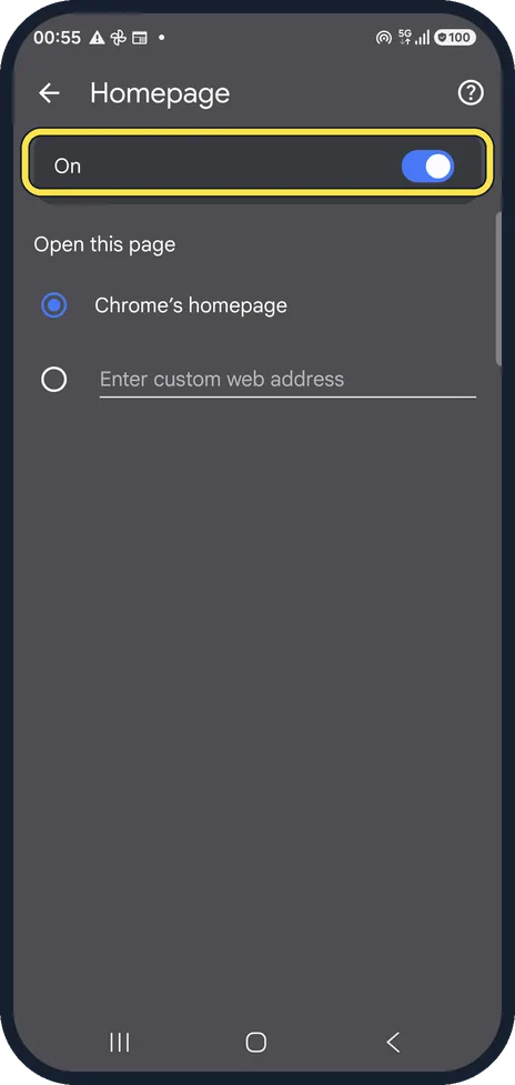 Android screenshot: Make sure Homepage is on