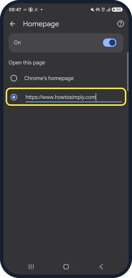 Android screenshot: Type your own address