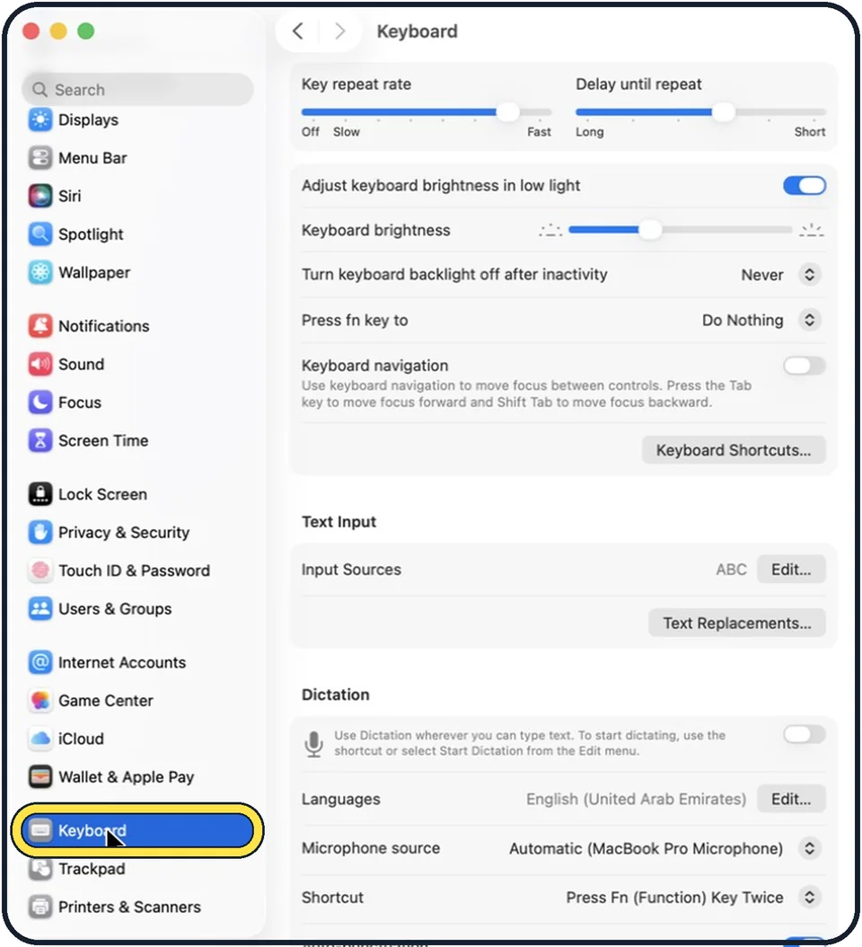 Mac screenshot: Click Keyboard in the sidebar
