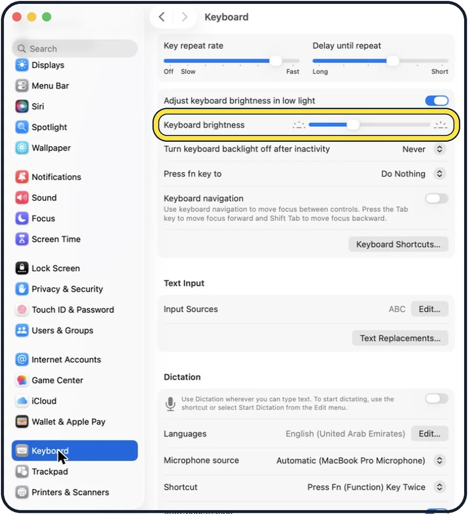 Mac screenshot: Set the brightness