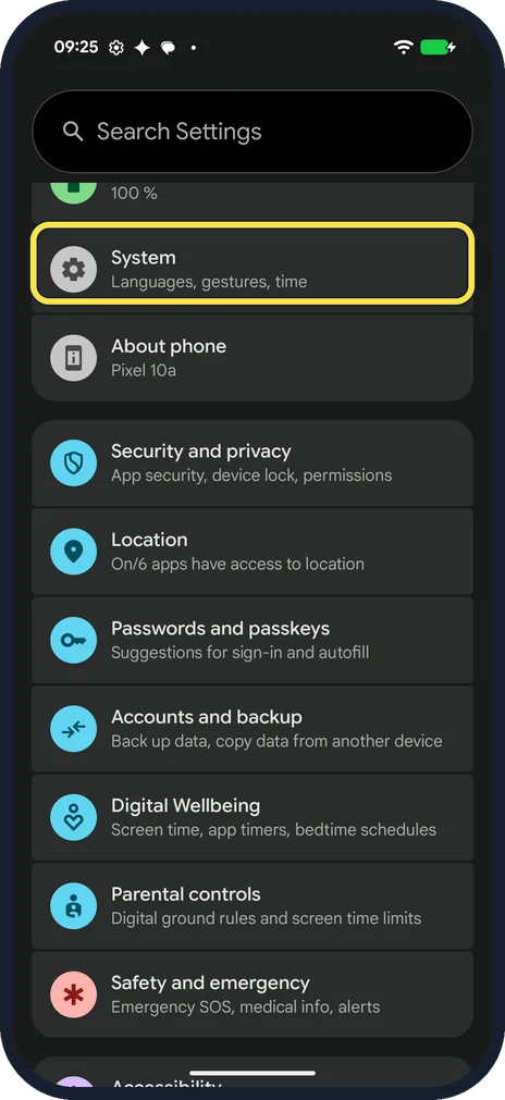 Android screenshot: Open System