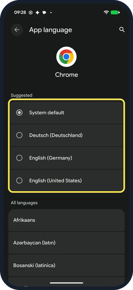 Android screenshot: Pick a language